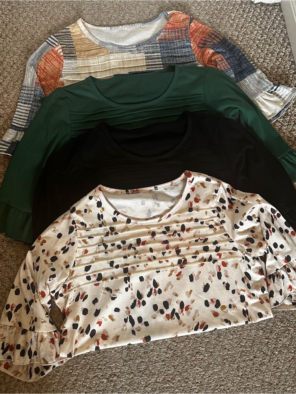 Women’s Pintuck Ruffle Sleeve 4 Tops.  Black, Green & two prints